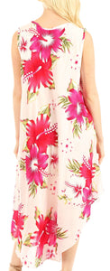 Aba Women's Casual Summer Floral Print Sleeveless Loose Dress Cover-up, featuring vibrant pink and green flowers on a white background.