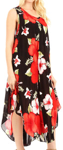 Aba Women's Casual Summer Floral Print Sleeveless Loose Dress Cover-up with red and white flowers on a black background.
