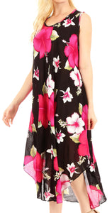 Aba Women's Casual Summer Floral Print Sleeveless Loose Dress Cover-up with bright pink flowers on a black background.