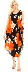 Aba women's casual summer floral print sleeveless loose dress cover-up in black with orange flowers.