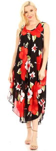 Aba Women's Casual Summer Floral Print Sleeveless Loose Dress, Scoop Neck, Black with Red Flowers, One Size, Ideal for Beach Cover-up.