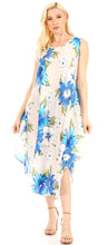 Charger l&#39;image dans la galerie, Woman in Aba floral print sleeveless summer dress, blue and white colors, loose fit, perfect for casual wear or beach cover-up.
