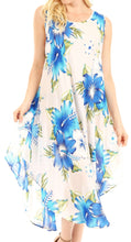 Charger l&#39;image dans la galerie, Aba women&#39;s summer floral print sleeveless swing dress, featuring blue and white flowers, scoop neck, casual and loose fit cover-up.
