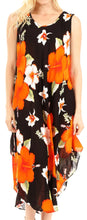 Charger l&#39;image dans la galerie, Women&#39;s floral print sleeveless summer dress, black with orange and white flowers, scoop neck, perfect for beach cover-up and casual wear.
