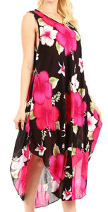 Aba Women's Casual Summer Floral Print Sleeveless Loose Dress Cover-up with scoop neck, featuring vibrant pink and white flowers on black fabric.