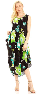 Aba Women's Casual Summer Floral Print Sleeveless Loose Dress Cover-up in black and green, ideal for everyday wear.