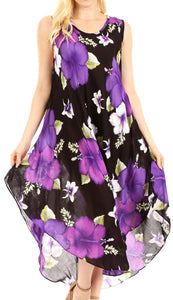 Aba women's casual summer floral print sleeveless dress cover-up with purple flowers, scoop neck, and loose fit, ideal for beachwear.