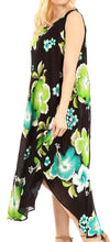 Charger l&#39;image dans la galerie, Aba Women&#39;s Casual Summer Floral Print Sleeveless Loose Dress Cover-up in black with green and blue flowers, side view.
