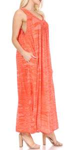 Model wearing Adele Sequin Embroidered Scoop Neck Sleeveless Dress in coral, lightweight rayon fabric, ideal for summer and beachwear.