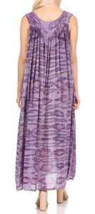 Back view of woman wearing purple Adele sequin embroidered scoop neck dress, showcasing relaxed fit and lightweight rayon fabric.