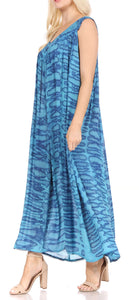 Woman wearing blue Adele Sequin Embroidered Scoop Neck Sleeveless Dress, suitable as a cover up, featuring relaxed fit and lightweight fabric.