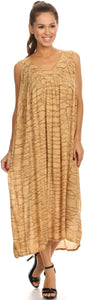 Woman wearing sleeveless scoop neck dress with sequin embroidery, ideal for summer or as swimwear cover-up. Lightweight, fits sizes 0-4X.