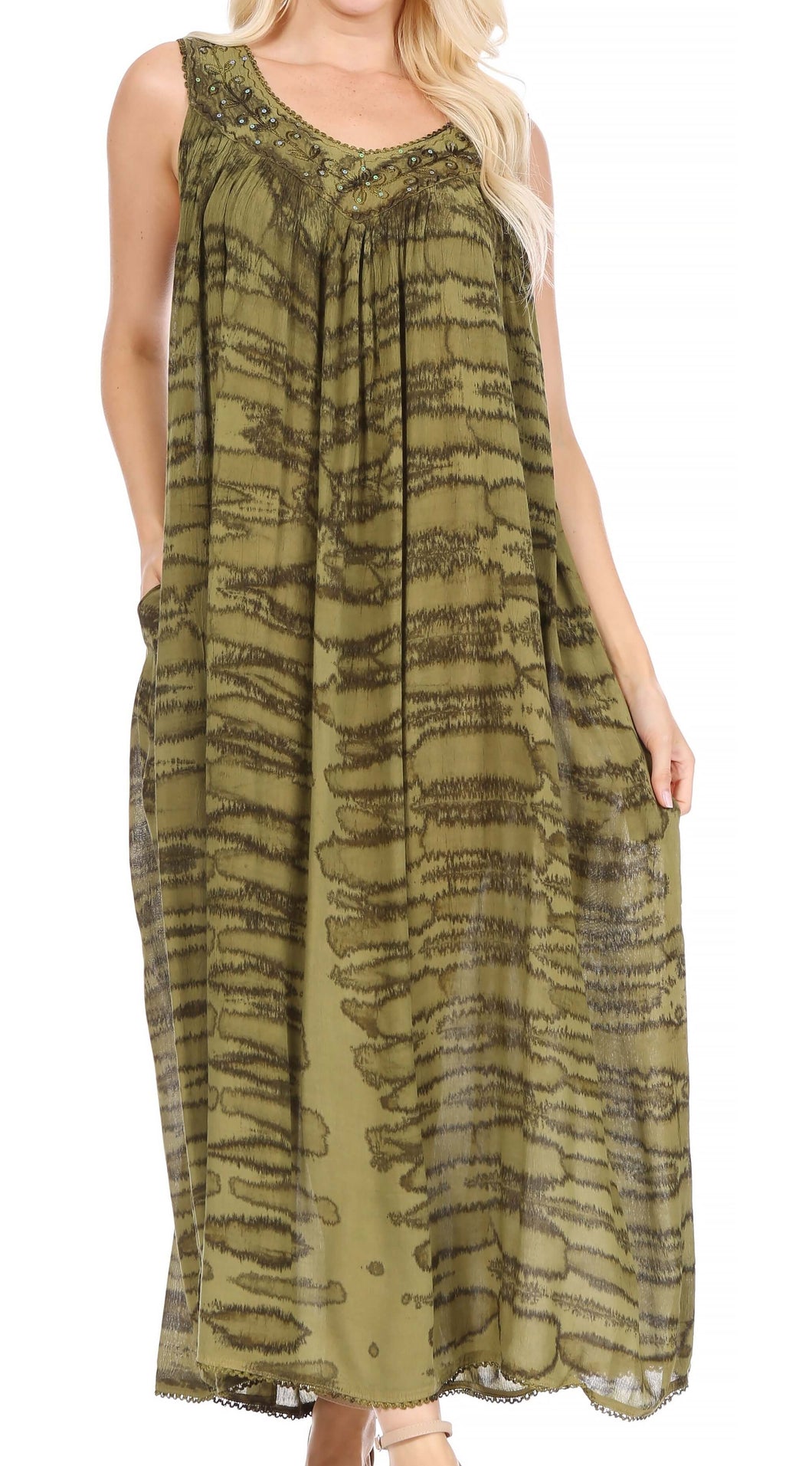 Adele sequin embroidered scoop neck sleeveless dress in green, featuring lightweight rayon fabric, perfect for summer or beach cover up.