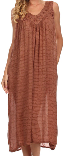 Brown sleeveless scoop neck dress with sequin embroidery, lightweight rayon fabric, ideal for summer; fits US size 0-4X, length 48 inches.