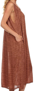 Sleeveless brown dress with sequin embroidery, scoop neck, and lightweight fabric. Perfect as a summer dress or swimsuit cover up.
