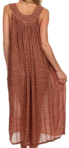 Back view of a brown sleeveless A-line dress with a scoop neck and relaxed fit, made of lightweight fabric, ideal for casual summer wear.