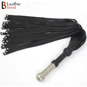 Real Genuine Cow Hide Leather Flogger – 25 Falls Black Heavy with Steel Studs on Each Fall