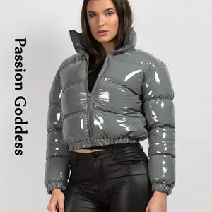 Shiny PU Leather Winter Jacket - Vegan leather - Imported