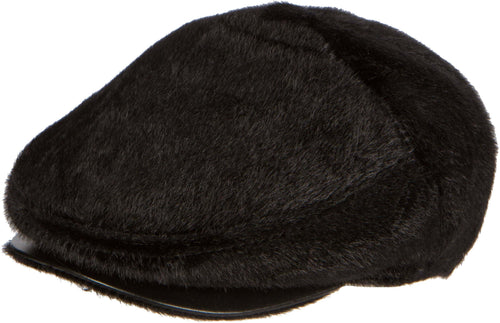 Faux mink fur ivy cap with adjustable snap front, shown in black. Newsboy style with a sleek finish and comfortable fit. Perfect for driving.