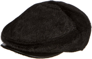 Faux mink fur ivy cap with adjustable snap front, shown in black. Newsboy style with a sleek finish and comfortable fit. Perfect for driving.