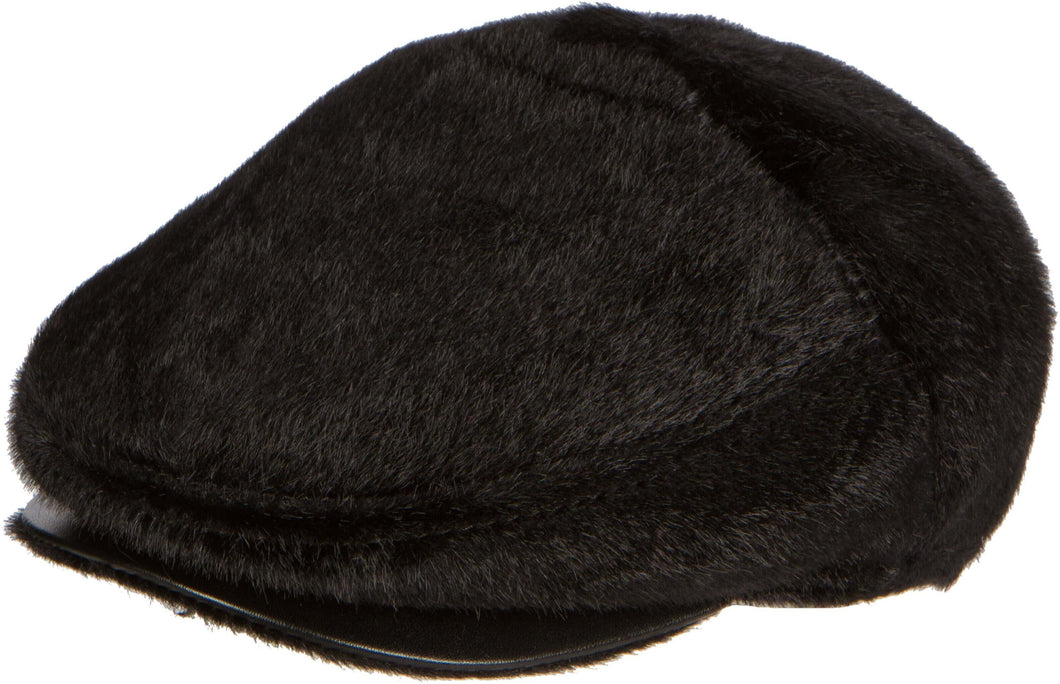 Faux mink fur ivy cap with adjustable snap front, shown in black. Newsboy style with a sleek finish and comfortable fit. Perfect for driving.