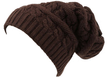 Charger l&#39;image dans la galerie, Figaro long tall classic cable knit brown beanie hat with faux fur lining, unisex, slouchy fit, one size.
