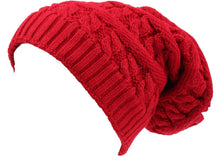 Charger l&#39;image dans la galerie, Red cable knit faux fur lined beanie hat, unisex style with long slouchy fit
