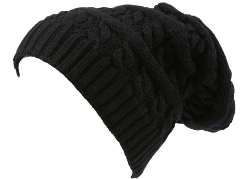 Black cable knit faux fur lined unisex beanie hat with slouchy fit, perfect for matching any outfit.