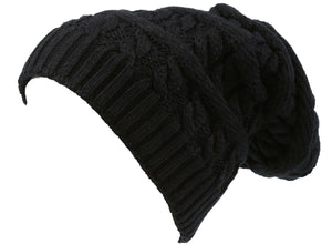 Black cable knit faux fur lined unisex beanie hat with slouchy fit, perfect for matching any outfit.