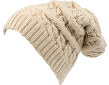 Charger l&#39;image dans la galerie, Beige cable knit faux fur lined slouchy beanie hat, classic design, unisex, one size, versatile winter accessory.
