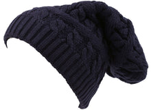 Charger l&#39;image dans la galerie, Figaro Long Tall Classic Cable Knit Beanie Hat in Dark Color, Slouchy Fit with Faux Fur Lining, Unisex Fashion Accessory
