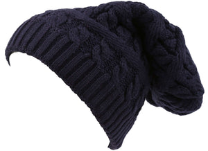 Figaro Long Tall Classic Cable Knit Beanie Hat in Dark Color, Slouchy Fit with Faux Fur Lining, Unisex Fashion Accessory