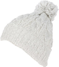 Cargar imagen en el visor de la galería, White heathered textured knit beanie hat with large pom pom, featuring a thick ribbed design and stretch fit.
