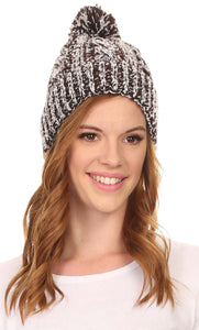 Greer Unisex Heathered Textured Knit Pom Pom Beanie Hat with large pom pom and foldable band, perfect for winter wear.