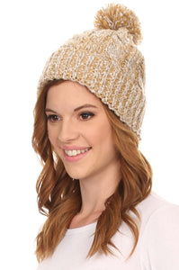 Greer Unisex Heathered Knit Pom Pom Beanie Hat in beige, showcasing textured design and stylish pom pom on top.