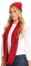 Charger l&#39;image dans la galerie, Woman wearing red woven beanie hat and infinity scarf set, showcasing the Haile Metallic Threaded Woven design.
