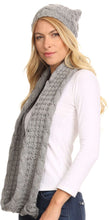 Charger l&#39;image dans la galerie, Woman wearing Haile Metallic Threaded Woven Classic Hat Beanie and Infinity Scarf Set in gray. Fashionable knit accessories.
