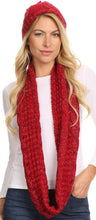 Charger l&#39;image dans la galerie, Woman wearing red woven beanie hat and infinity scarf set with metallic threading, showcasing Haile classic knit design.
