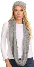 Charger l&#39;image dans la galerie, Woman wearing Haile metallic threaded woven beanie and matching infinity scarf set in gray.
