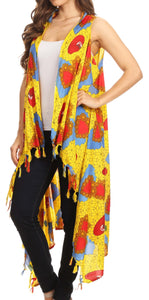 Model wearing Hatice Light Colorful Poncho Wrap Cardigan with African Ankara Print, bright yellow and red design, perfect for casual outings.