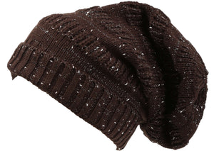 Brown slouchy knit beanie hat with ribbed design and long fit, suitable for unisex fashion. Circumference 21-27 inches.