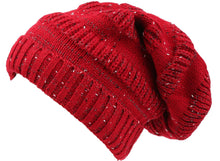 Charger l&#39;image dans la galerie, Red slouchy knit beanie with ribbed texture and stripe design, unisex long fit, ideal for stylish cold-weather wear.
