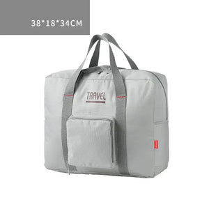 Large capacity foldable canvas travel bag for men and women, 38x18x34cm, in light grey with a front pocket.