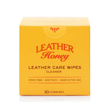 Cargar imagen en el visor de la galería, Leather Care Wipes (10 Pack) by Leather Honey in box packaging for cleaning and conditioning leather, individually packaged wipes.
