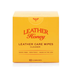 Leather Care Wipes (10 Pack) by Leather Honey in box packaging for cleaning and conditioning leather, individually packaged wipes.