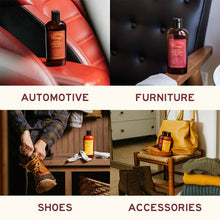 Cargar imagen en el visor de la galería, Leather Care Kit used for automotive, furniture, shoes, and accessories showcasing non-toxic leather cleaner and conditioner.

