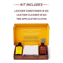 Cargar imagen en el visor de la galería, Leather Care Kit with conditioner, cleaner, and cloths for cleaning and conditioning leather goods, including car interiors and furniture.
