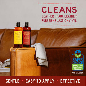 Leather Cleaner for leather, faux leather, rubber, plastic, and vinyl with safe, gentle formula shown on leather couch.