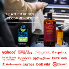 Cargar imagen en el visor de la galería, Leather Cleaner by Leather Honey recommended by major publications with Safer Choice certification displayed in car interior.
