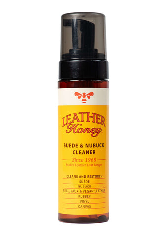 Leather Honey Suede & Nubuck Cleaner bottle for suede and nubuck leather care, removes stains and grime, maintains texture.